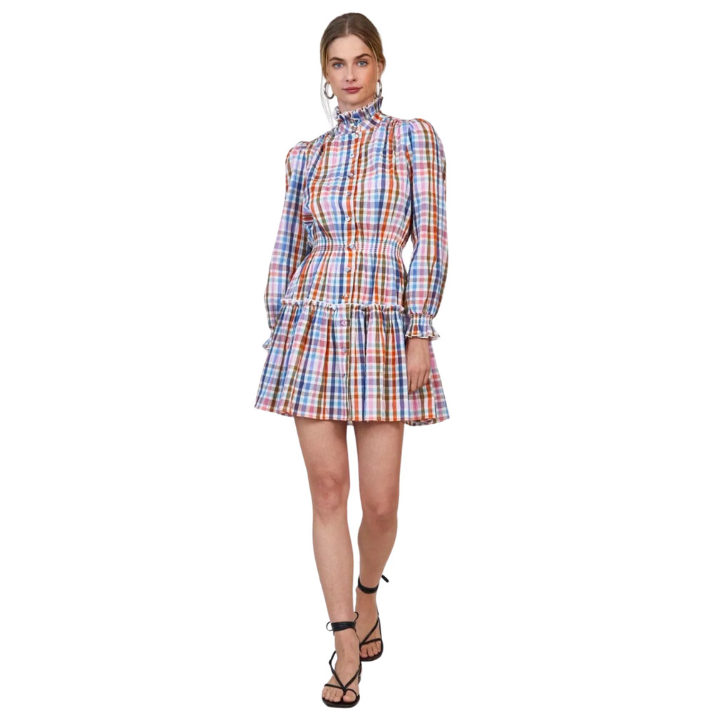 Hunter Bell Tuckernuck Joplin Mini Dress Multi Gingham Plaid Smocked Ruffle L